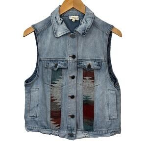 Sterling & Stitch Western Wear Denim Vest Jacket Womens Medium‎ Distressed Blue